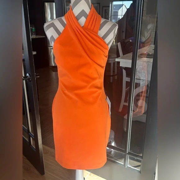 🆕NWT RACHEL Rachel Roy Women's Harland Short Halter Sheath Dress in orange M - Picture 2 of 6